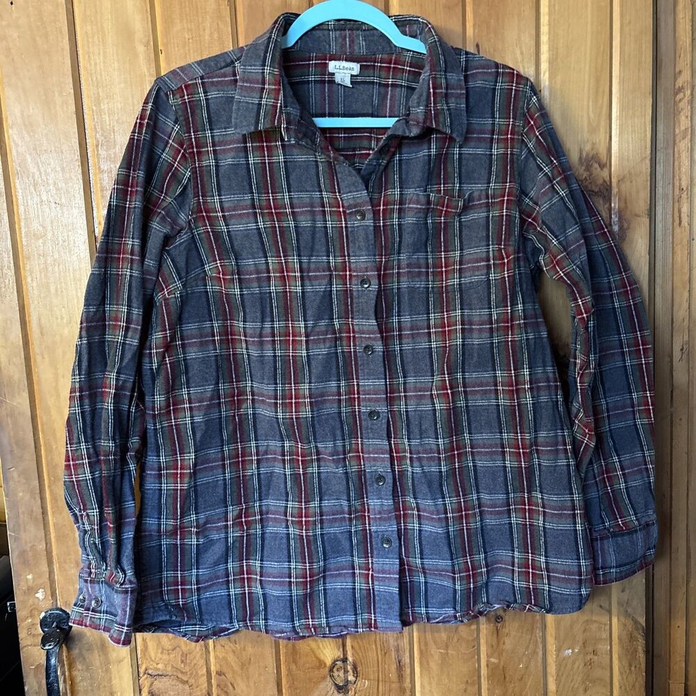 LL Bean Mens XL Reg Flannel Button Up Shirt Long Sleeve Cotton Grey Red Plaid
